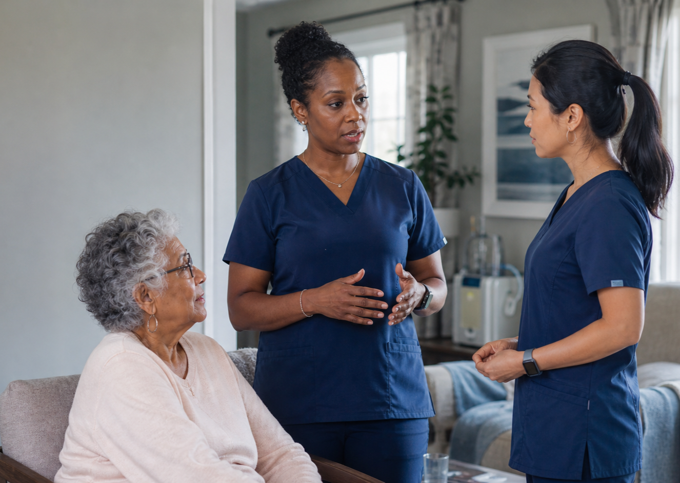 A nurse helping a patient walk at home